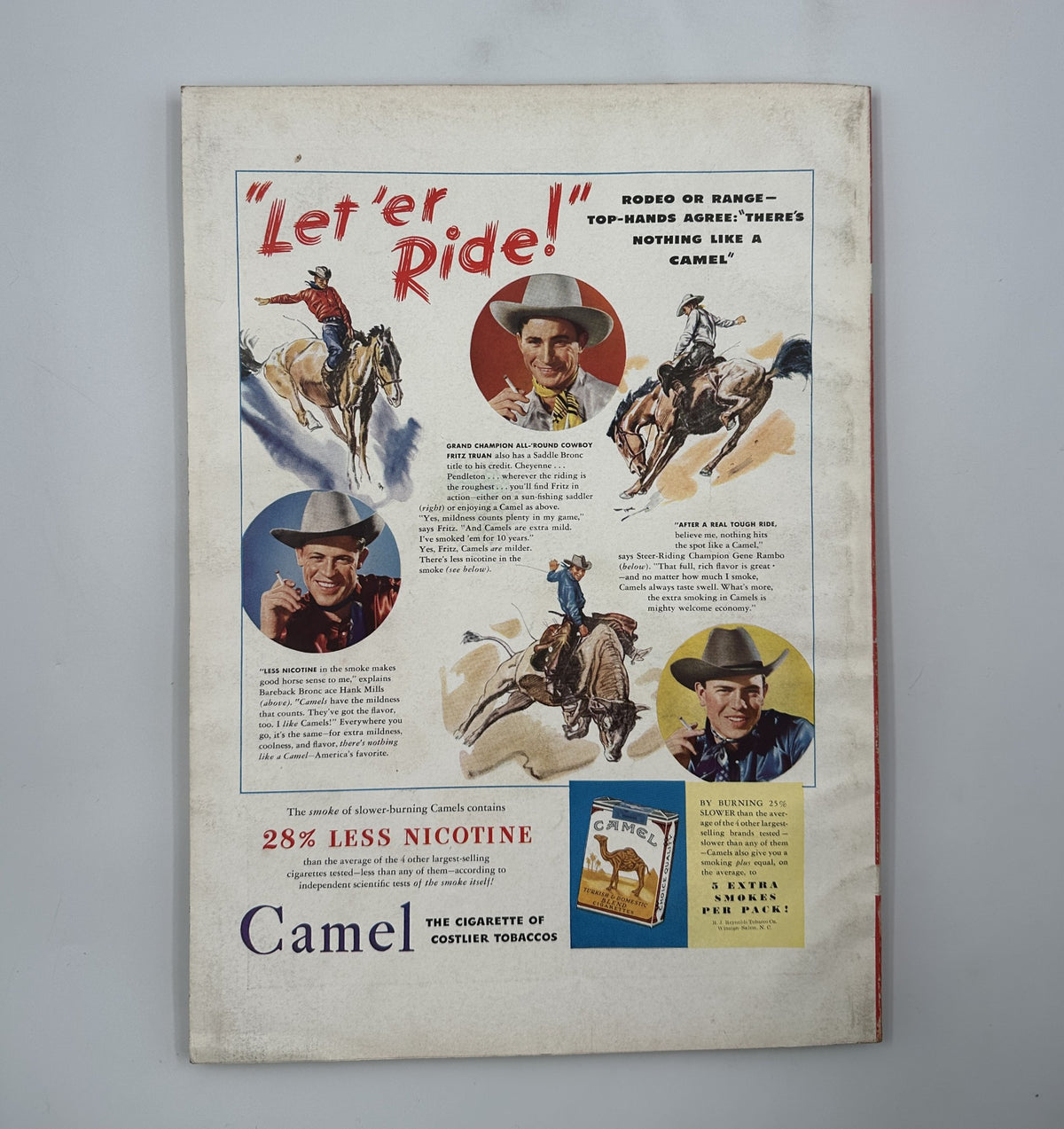 Vintage advertisement for Camel cigarettes, titled 'Let'er Ride!', featured in Esquire Magazine June 1942, promoting cowboy culture and the appeal of the brand.
