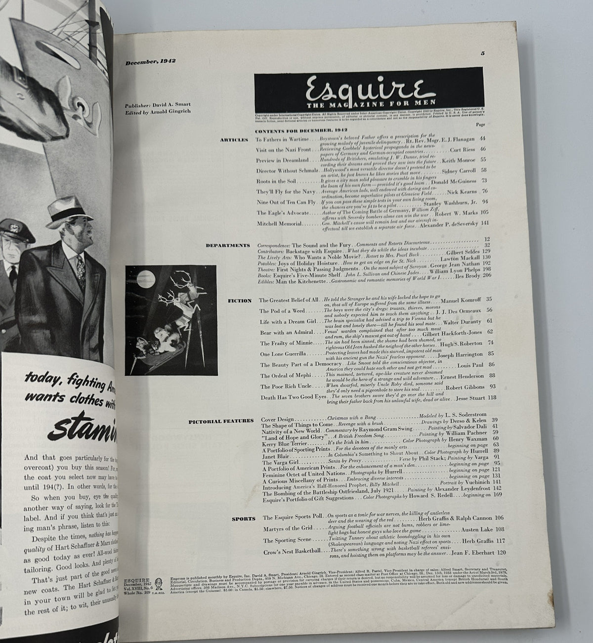 Interior page from December 1942 Esquire Magazine displaying the table of contents, highlighting articles and features relevant to wartime America.