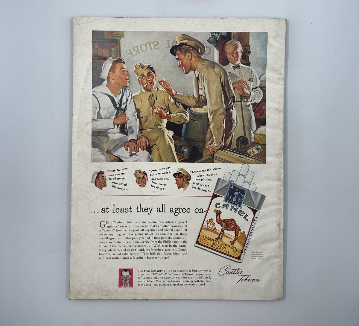 Esquire Magazine February 1945 Jazz Number displaying a humorous scene with sailors at a store, highlighting camaraderie and a vintage advertisement for Camel cigarettes.