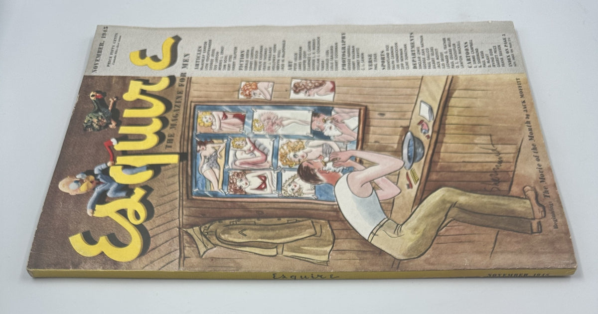 Esquire Magazine November 1945 cover showing a man in a casual setting admiring pinup artworks in a mirror, emphasizing the magazine's focus on art and men’s lifestyle. The issue features various articles on fashion and fiction.