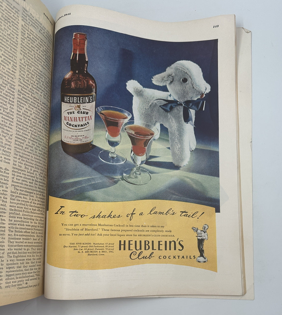 Retro advertisement for Heublein's Club Cocktails in Esquire Magazine November 1945, featuring a lamb and cocktails in two glasses.