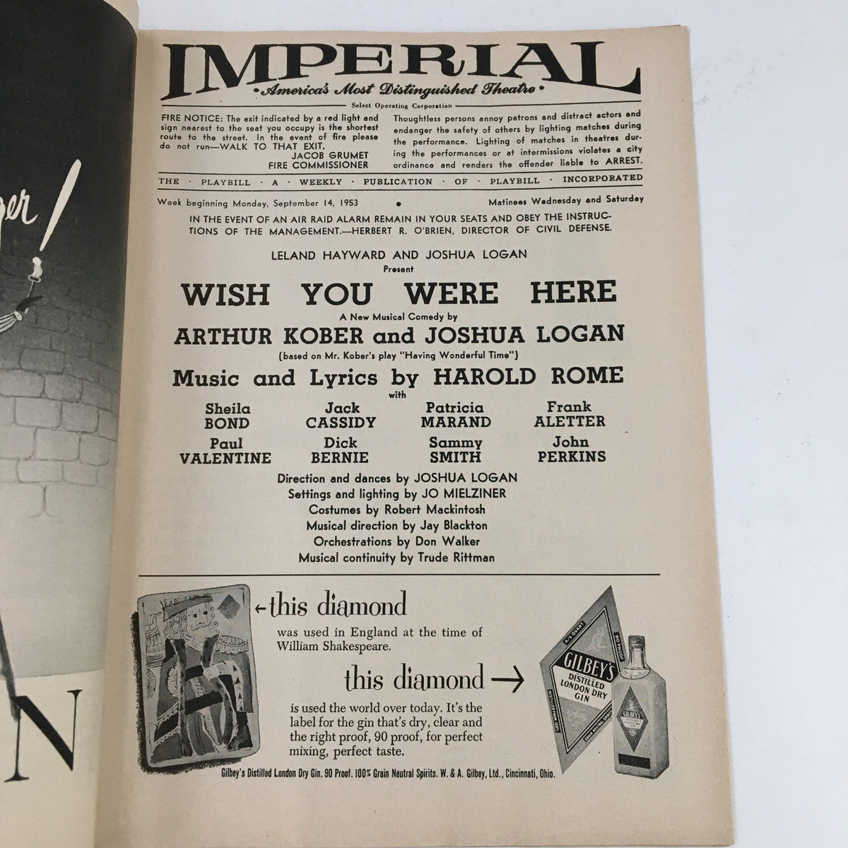 Cover of the 1953 Playbill for 'Wish You Were Here' by Arthur Kober, featuring the Imperial Theatre header and production details.