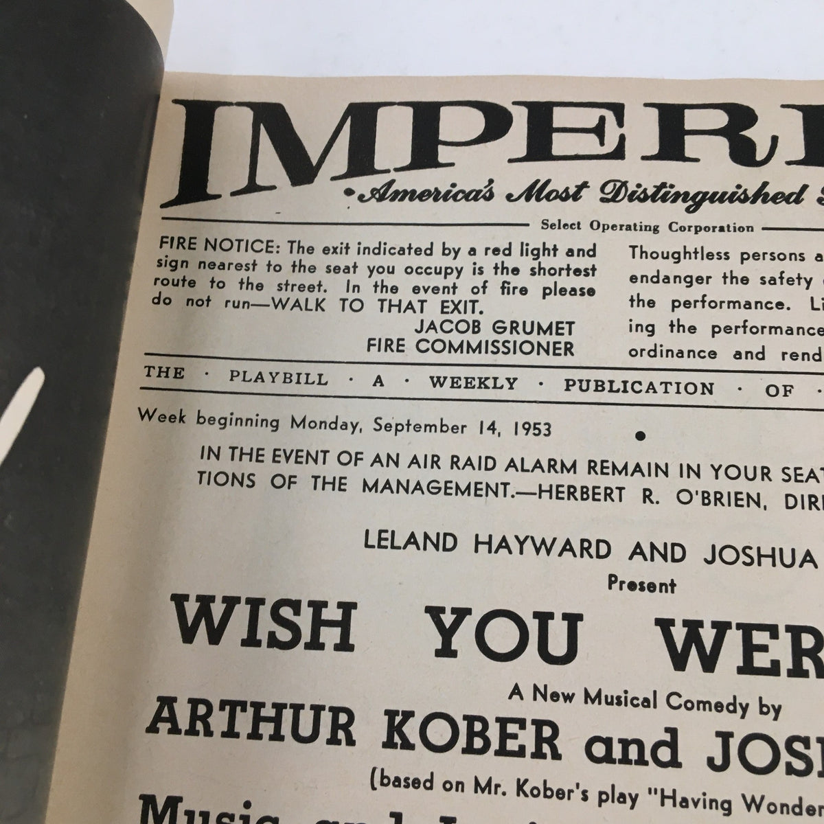Inside page of the 1953 Playbill 'Wish You Were Here' by Arthur Kober, showcasing performance dates and cast information.