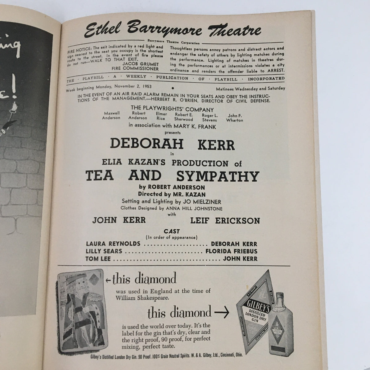Inside page of the 1953 Playbill for 'Tea and Sympathy' detailing the cast and production credits, featuring Deborah Kerr at the Ethel Barrymore Theatre.