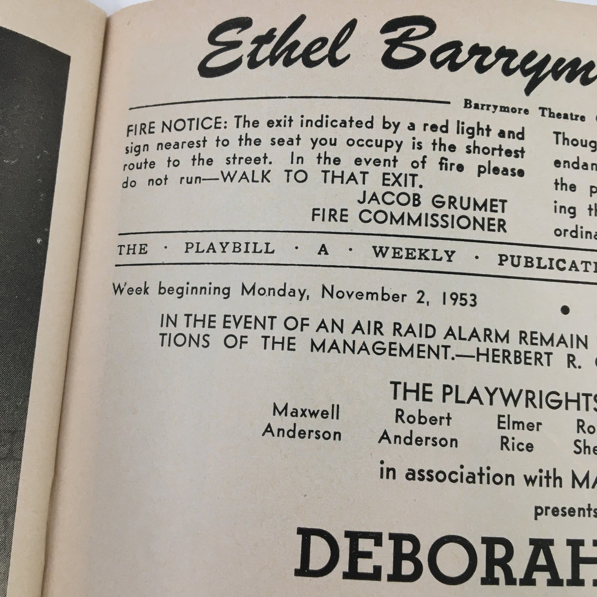 Vintage playbill for the 1953 production of 'Tea and Sympathy' featuring Deborah Kerr at the Ethel Barrymore Theatre, highlighting key details including fire notice and playwrights' names.