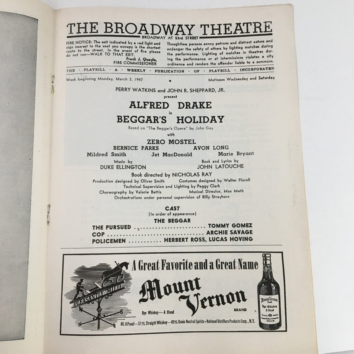 Interior page of the 1947 Playbill detailing the production of 'Beggar's Holiday', listing cast and crew information.