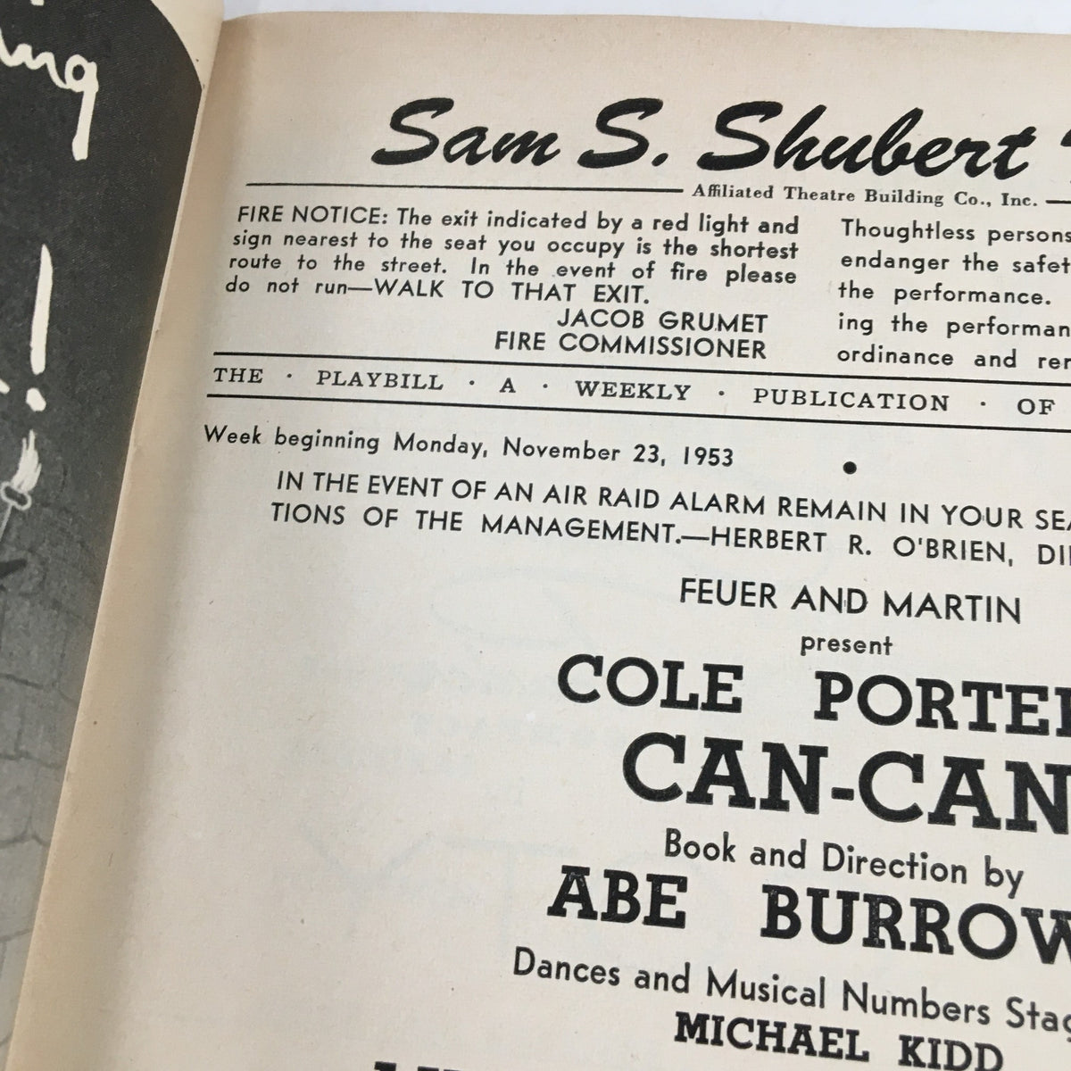 Close-up view of the week beginning notice in the 1953 Playbill for Cole Porter's Can-Can at the Sam S. Shubert Theatre, showcasing important performance details.