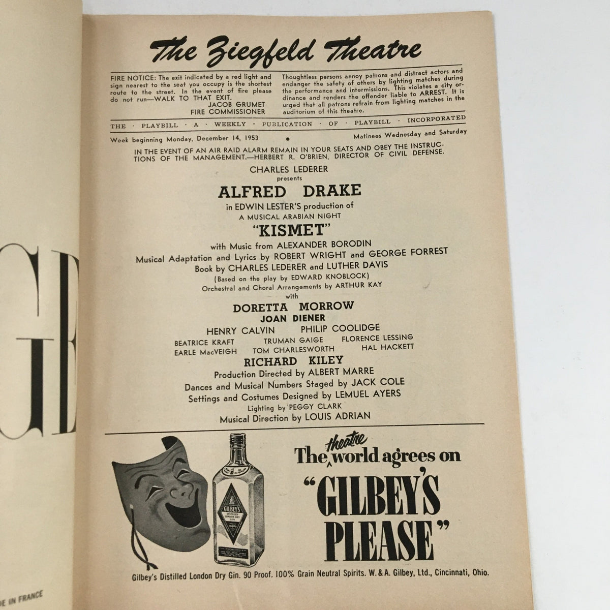 1953 Playbill from The Ziegfeld Theatre featuring Alfred Drake in Kismet, showcasing details like the cast and production info on a vintage playbill design.