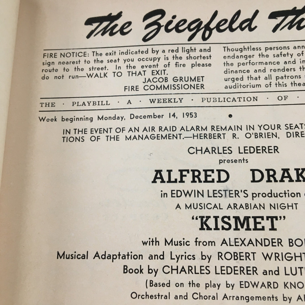 1953 Playbill from The Ziegfeld Theatre highlighting Alfred Drake in Kismet, with elements of the original layout and performance details from the classic musical.