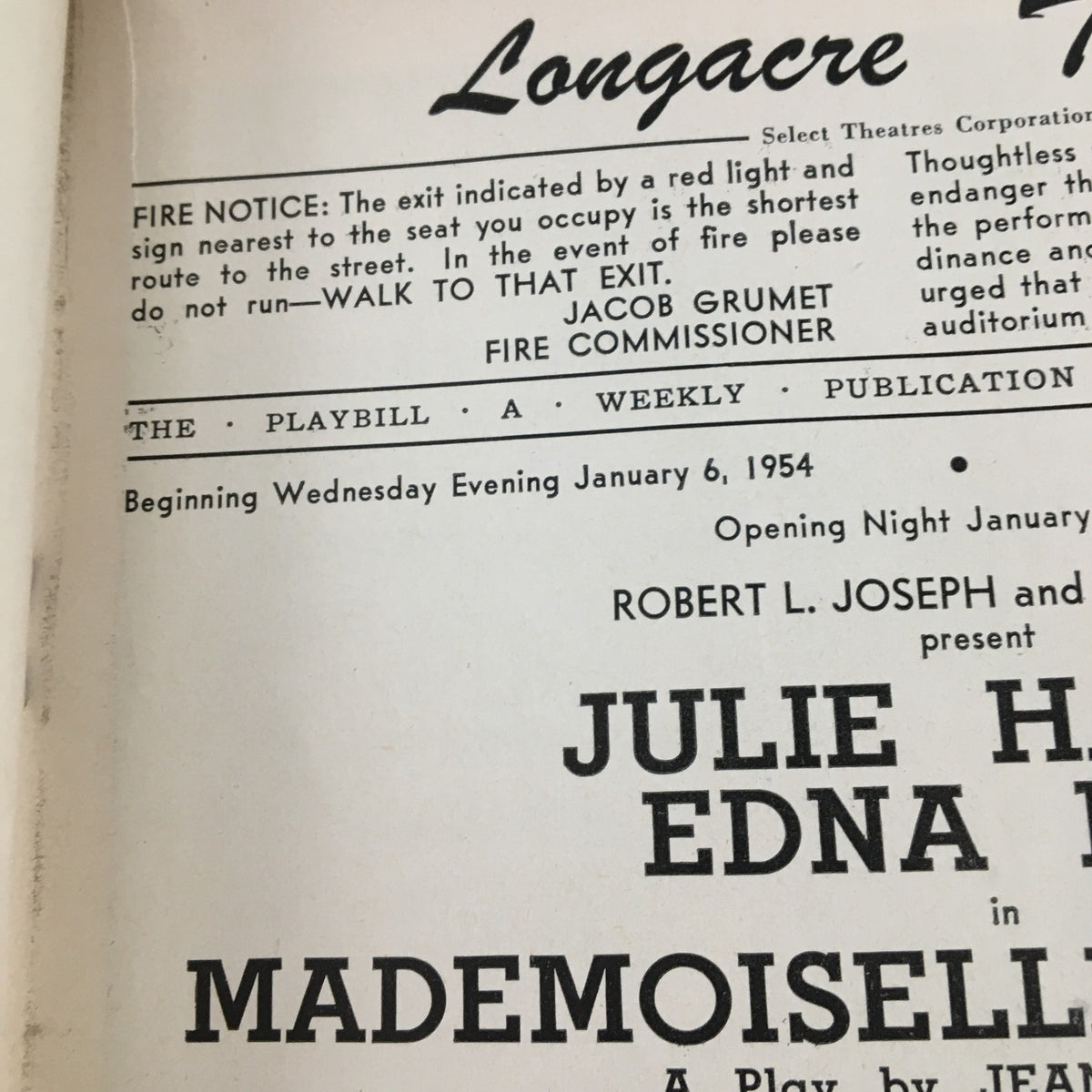1954 Playbill from Longacre Theatre featuring Julie Harris in Mademoiselle Colombe, showcasing the play's details and opening night information.