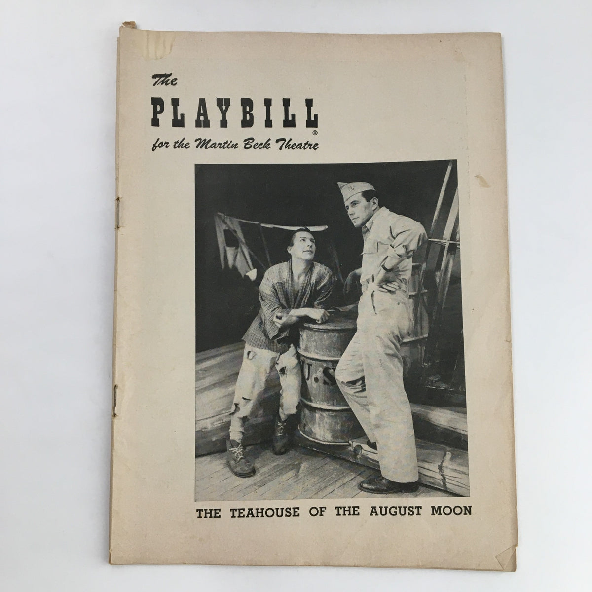 1954 Playbill for The Teahouse of The August Moon at the Martin Beck Theatre, featuring a vintage photograph of two characters in period attire.