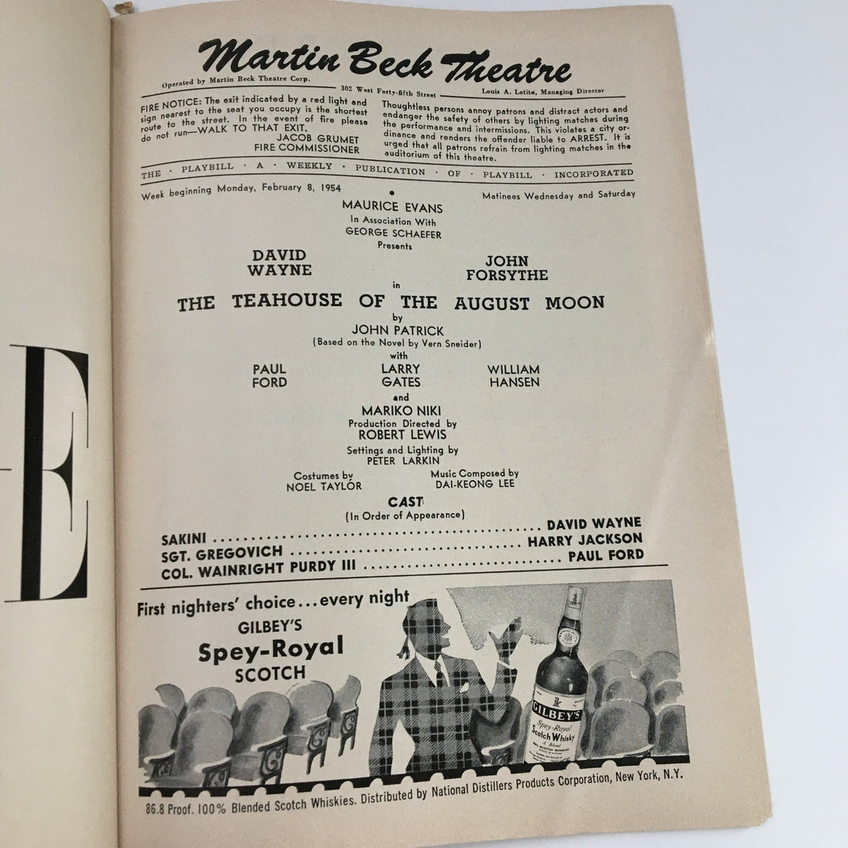 Inside page of the 1954 Playbill for The Teahouse of The August Moon, detailing the cast and crew of the production at the Martin Beck Theatre.
