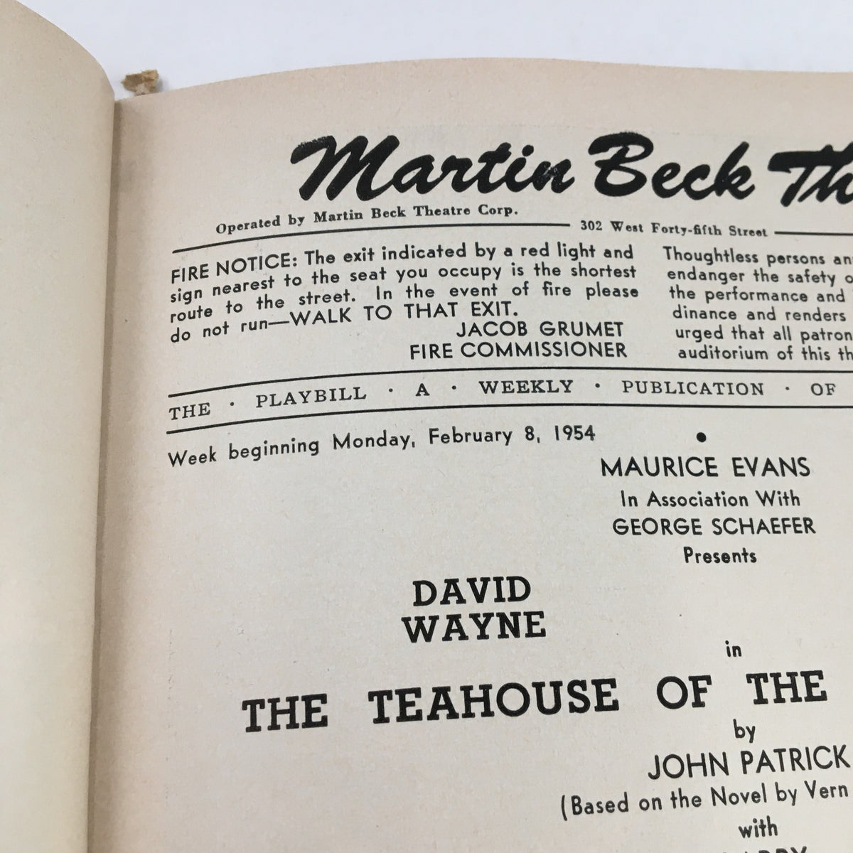 Additional inside page of the 1954 Playbill for The Teahouse of The August Moon, showcasing production details and advertising for the Martin Beck Theatre.