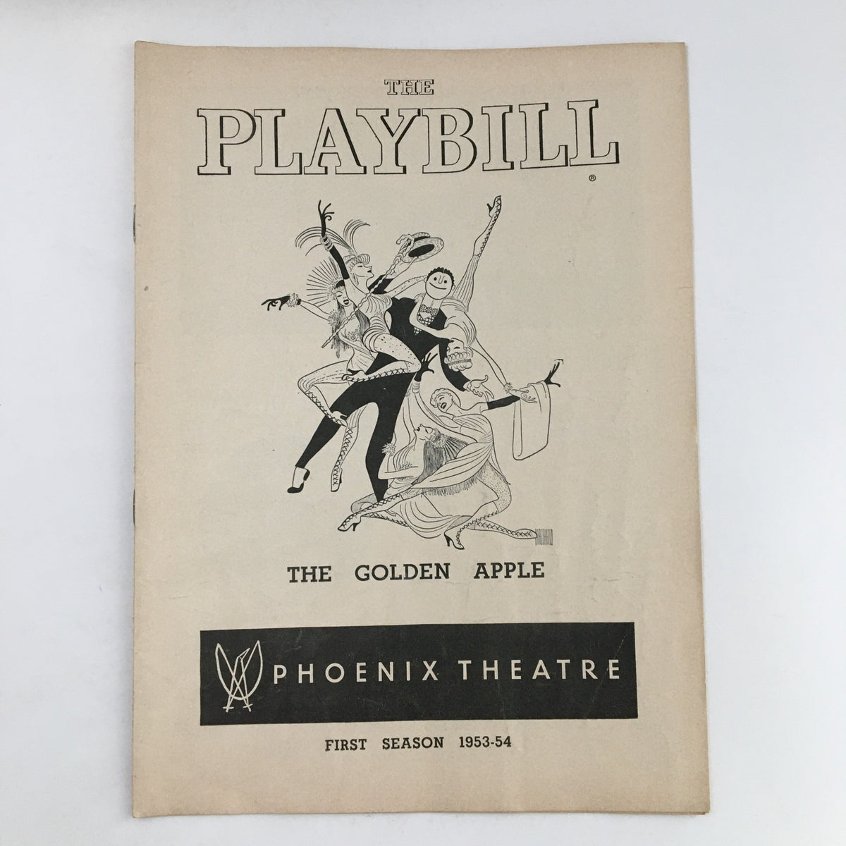 1954 Playbill for The Golden Apple at The Phoenix Theatre, featuring distinct artistic illustrations and the title prominently displayed.