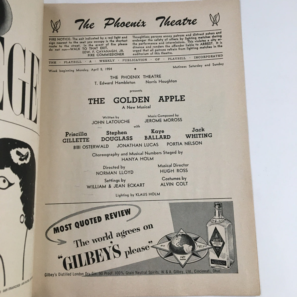 Interior page of the 1954 Playbill for The Golden Apple, listing the cast and creative team involved in the production presented by The Phoenix Theatre.