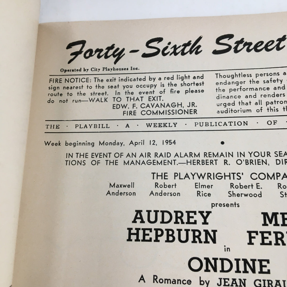 Another interior page of the 1954 Playbill from the Forty-Sixth Street Theatre, featuring cast information for Ondine, including Audrey Hepburn and Mel Ferrer.