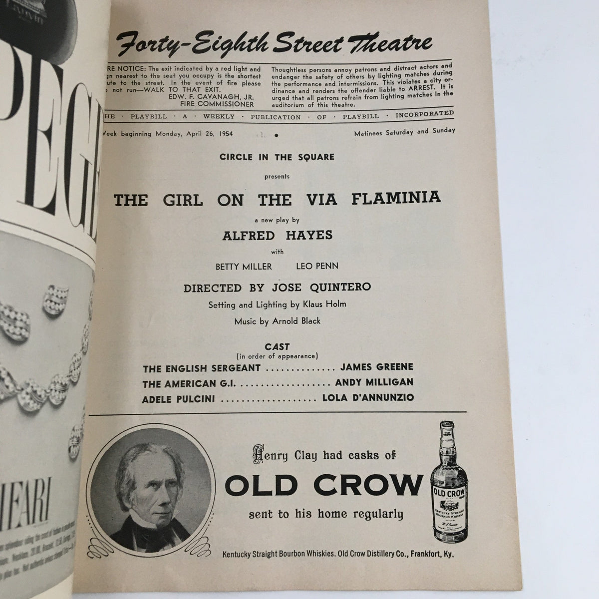 Interior page of the 1954 Playbill for The Girl On The Via Flaminia detailing the play's cast and crew, showcasing its historical significance in American theatre.