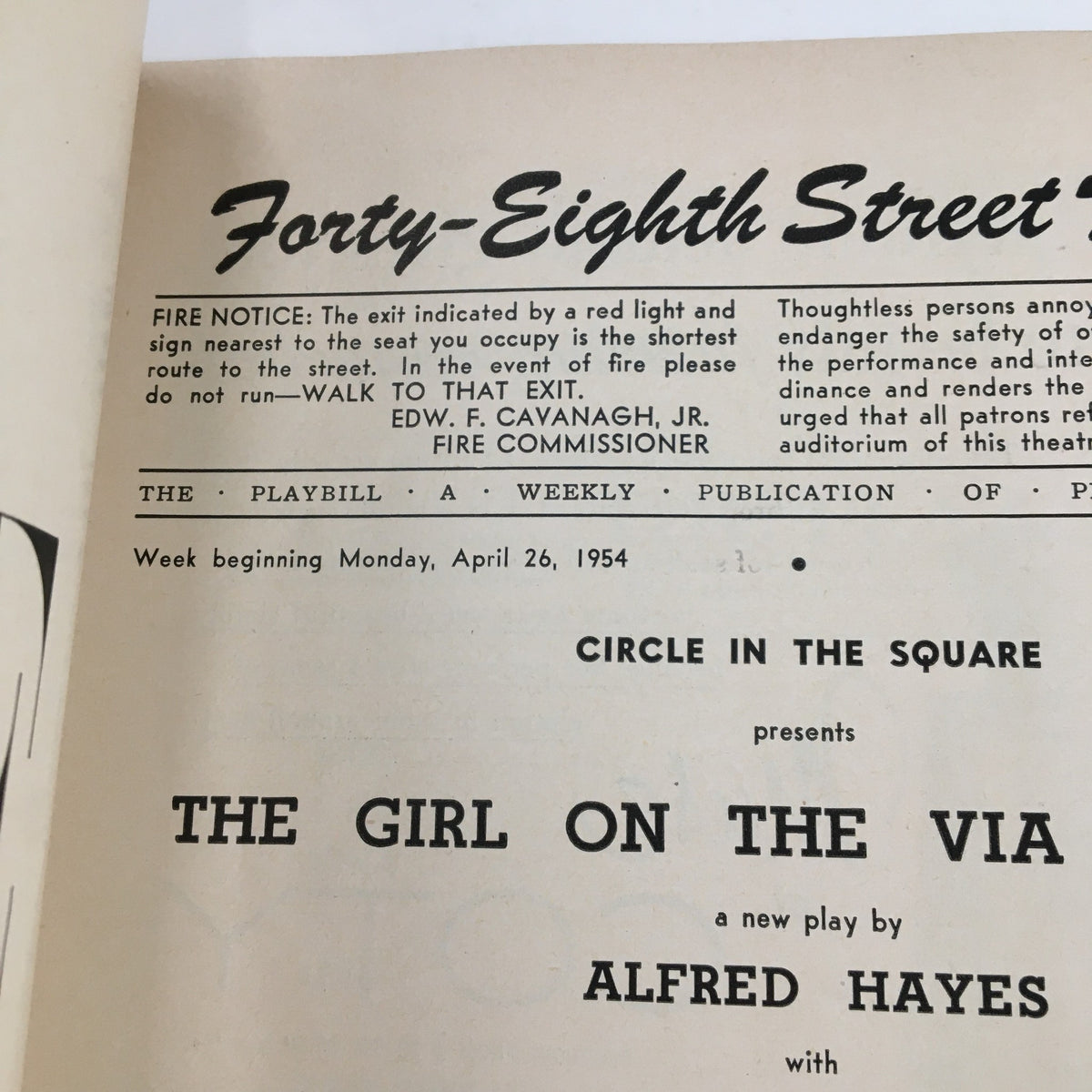 Page of the 1954 Playbill for The Girl On The Via Flaminia with production notes, highlighting its presentation at the Forty-Eighth Street Theatre.