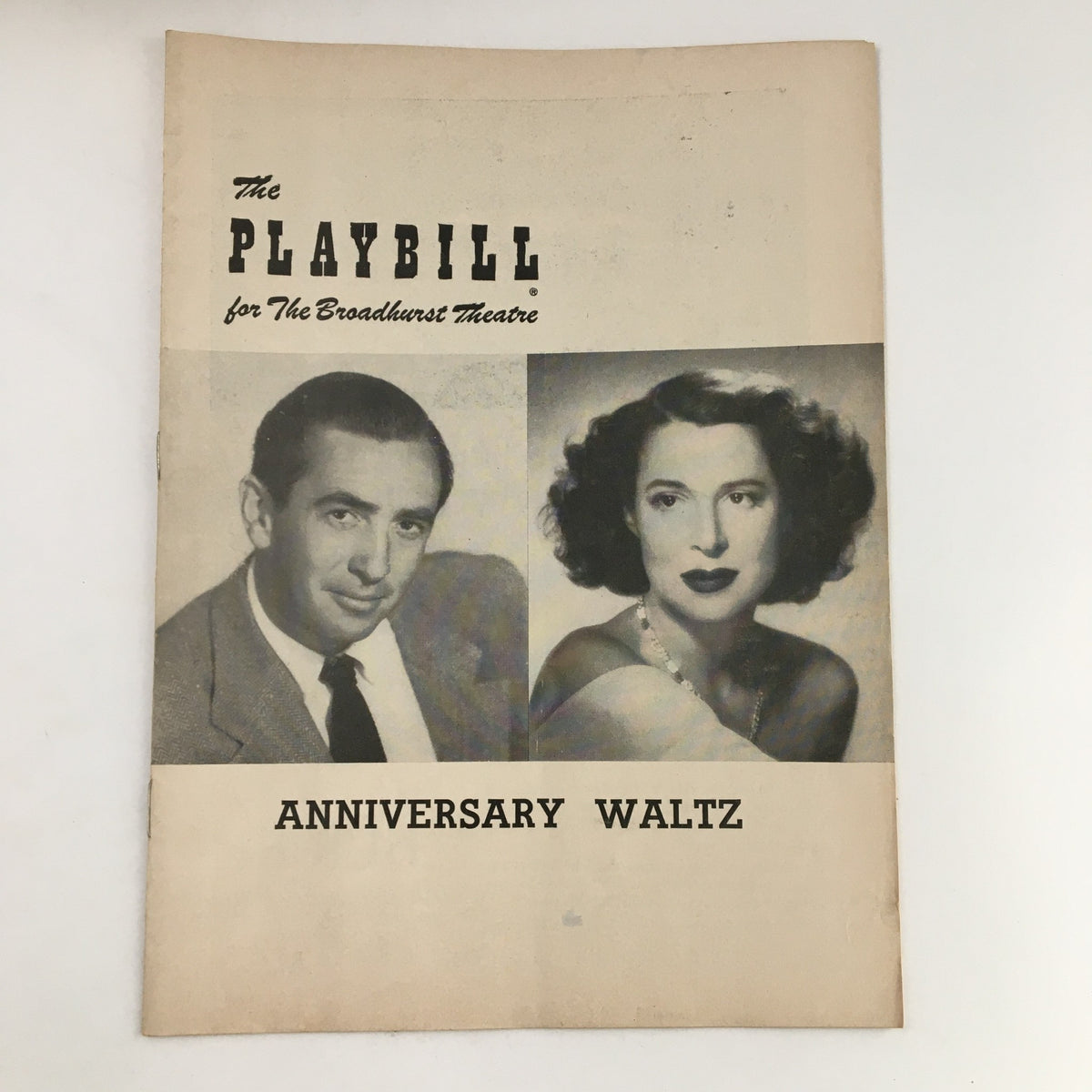 Front cover of the 1954 Playbill for The Broadhurst Theatre presenting Kitty Carlisle in Anniversary Waltz, featuring images of the cast.