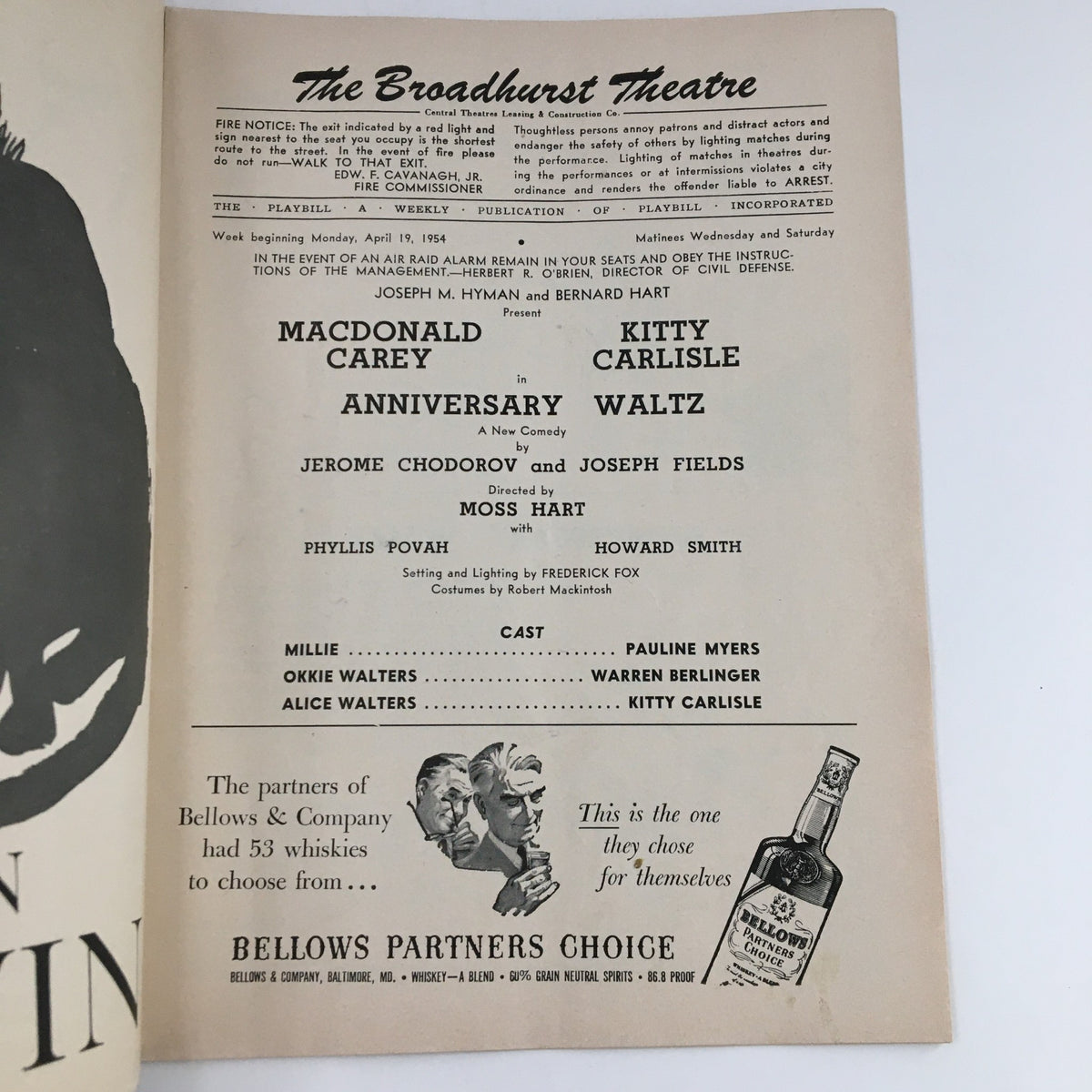 Interior page of the 1954 Playbill for The Broadhurst Theatre, detailing the cast and production of Kitty Carlisle in Anniversary Waltz.