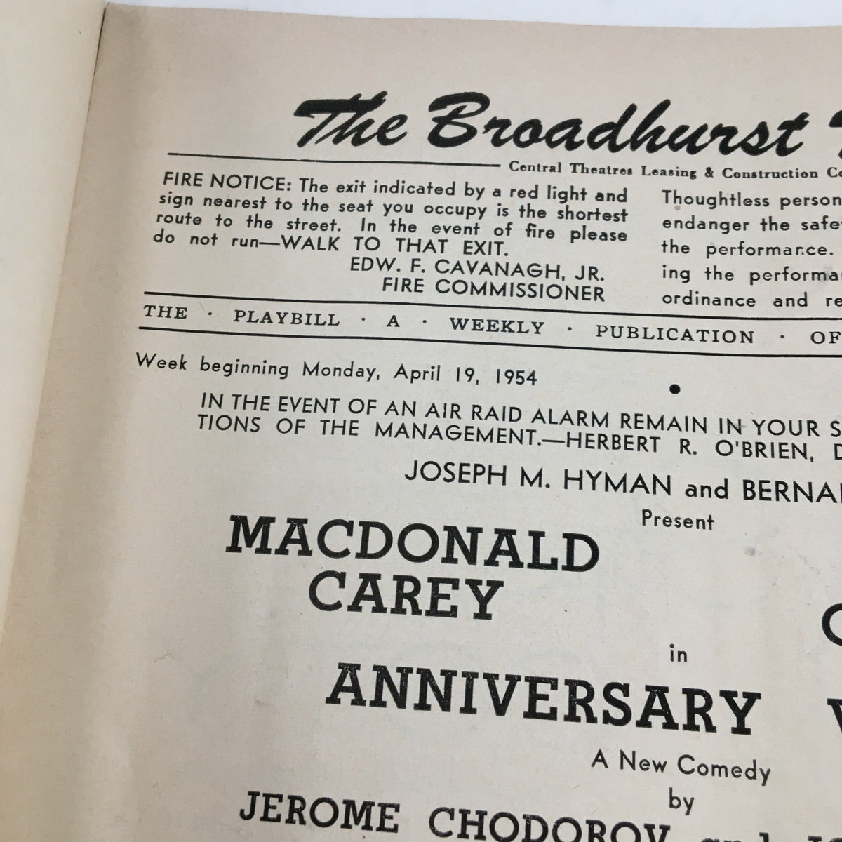 Close-up view of the production details in the 1954 Playbill for The Broadhurst Theatre, featuring Kitty Carlisle in Anniversary Waltz.