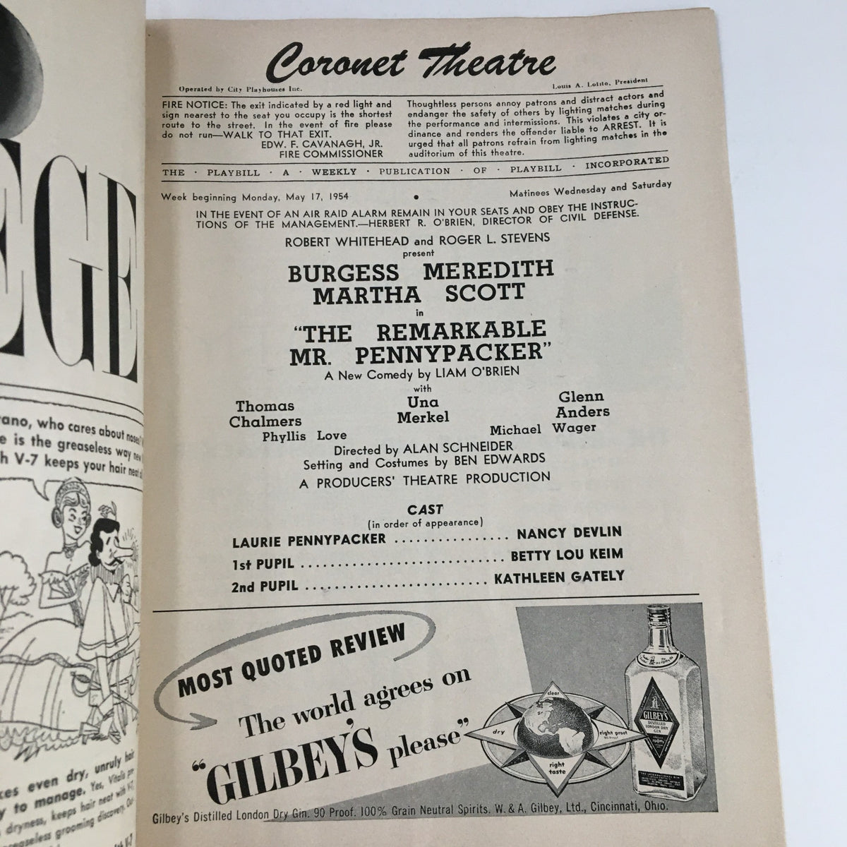 Interior page of the 1954 Playbill for The Remarkable Mr. Pennypacker showcasing cast names and production details at the Coronet Theatre.