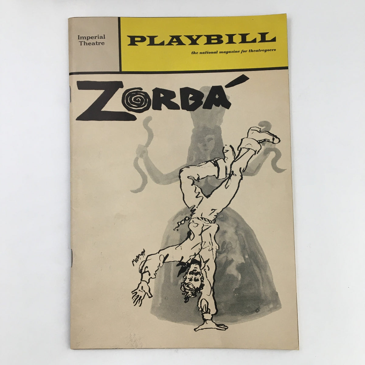 1969 Playbill for the Imperial Theatre presentation of 'Zorba', featuring a striking illustrated cover that includes a character performing a handstand, reflecting the dynamic essence of the show.
