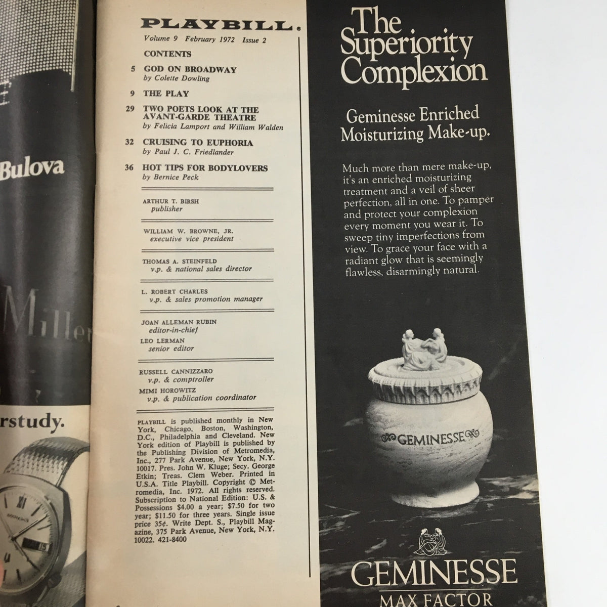 Inside view of the 1972 Playbill for City Center 55 Street Theater, showcasing various advertisements and features, including a section on makeup and fashion tips.