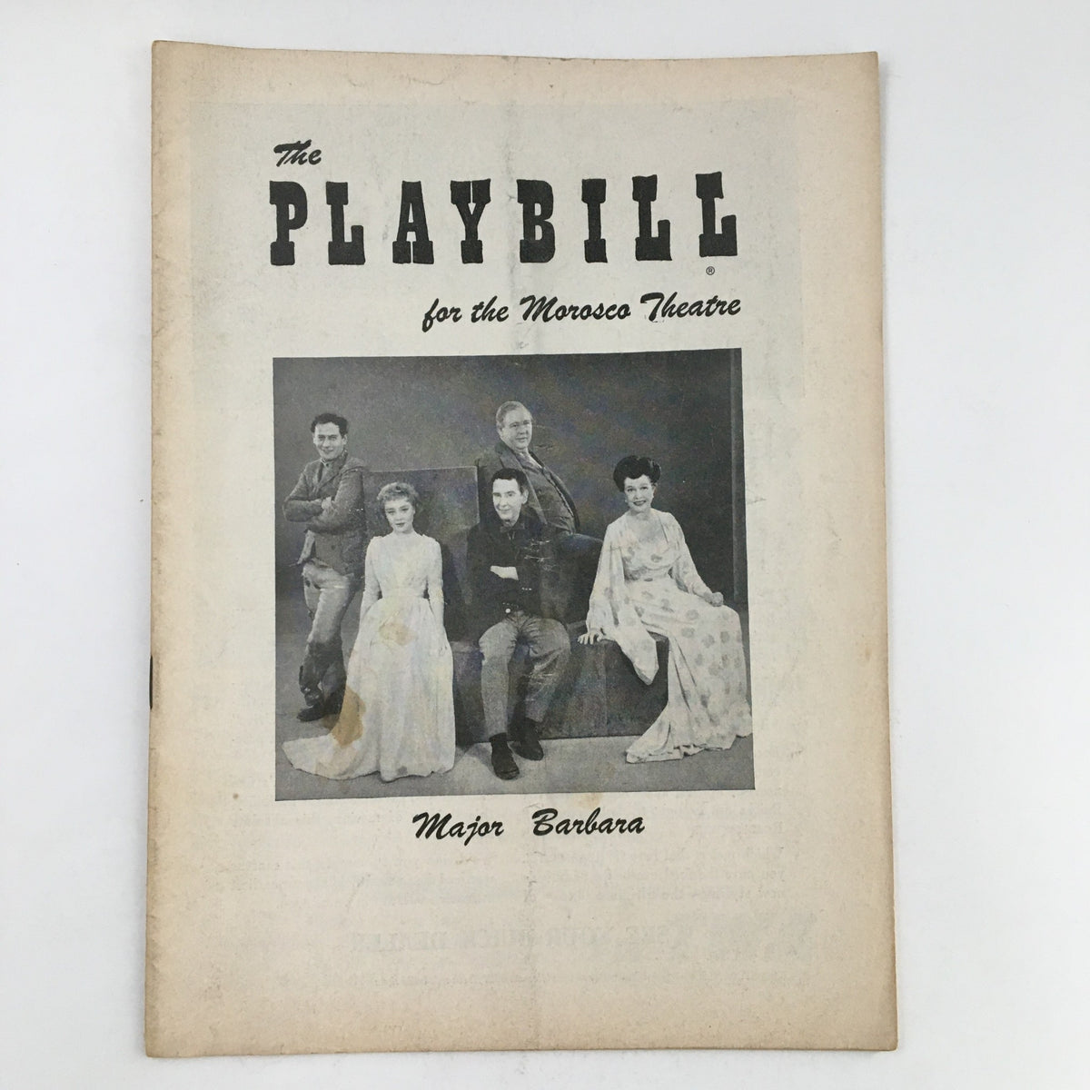 1957 Playbill for the Morosco Theatre featuring Major Barbara, showcasing the cast including Charles Laughton in a vintage black and white photograph.