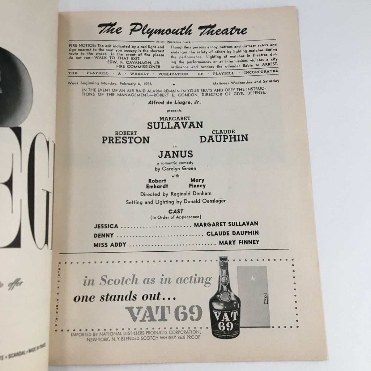 Inside page of the 1956 Playbill showcasing the cast and details of the play 'Janus' featuring Margaret Sullivan.