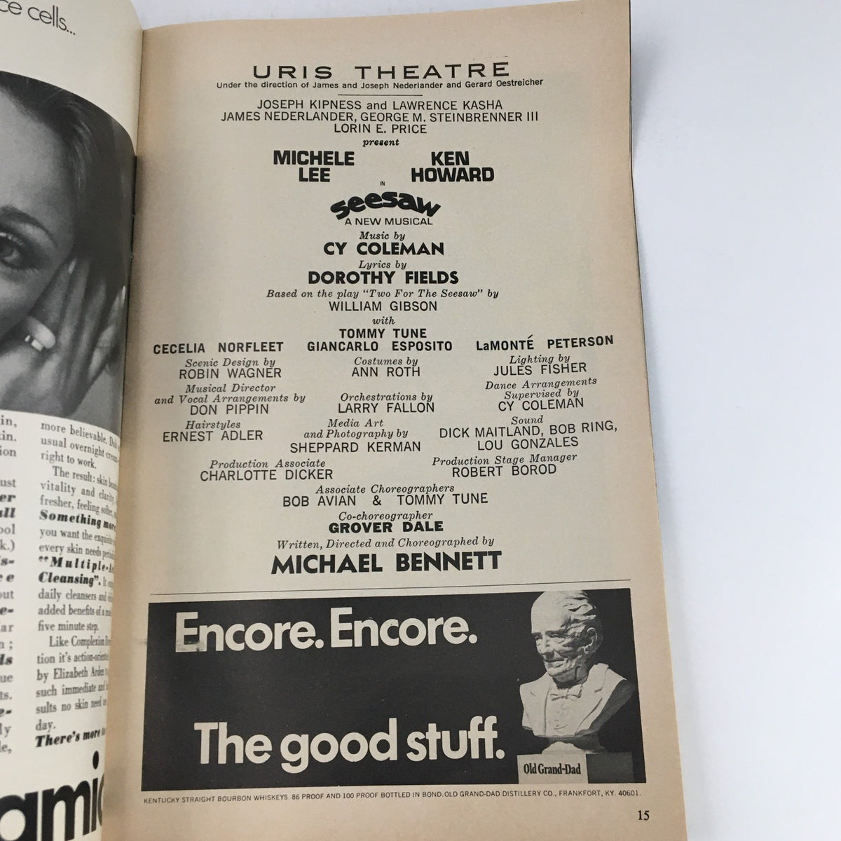 Another inside page of the 1973 Playbill Uris Theatre for Seesaw, listing cast members and production details, celebrating the memorable musical.