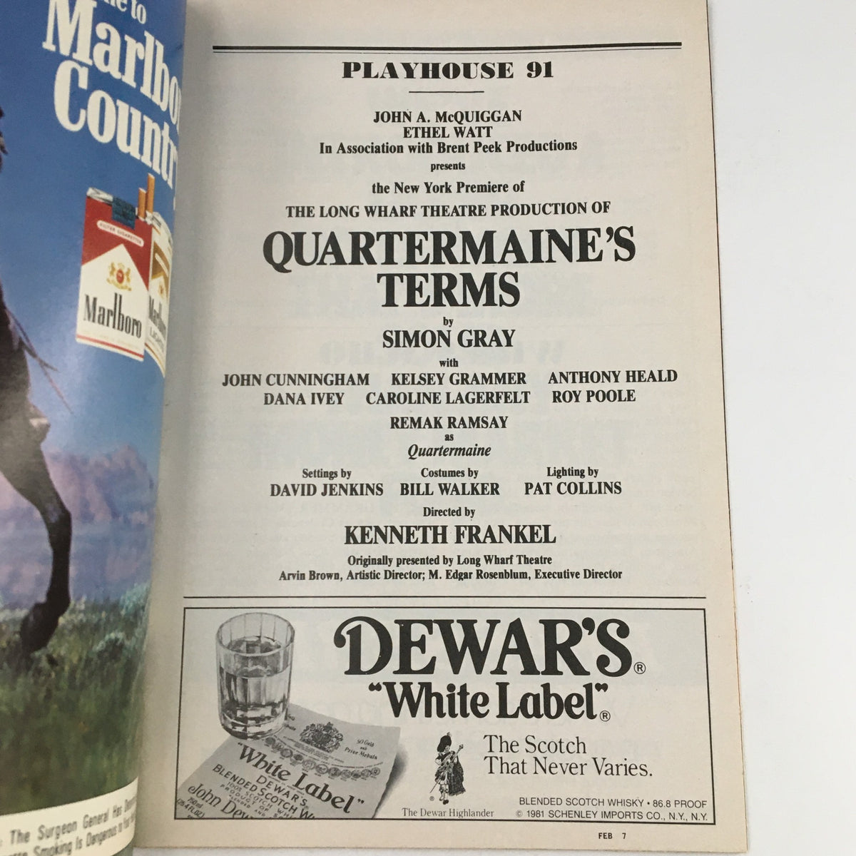 1983 Showbill for Quartermaine's Terms at Playhouse 91, featuring cast details including Kelsey Grammer and Dana Ivey, and production credits.
