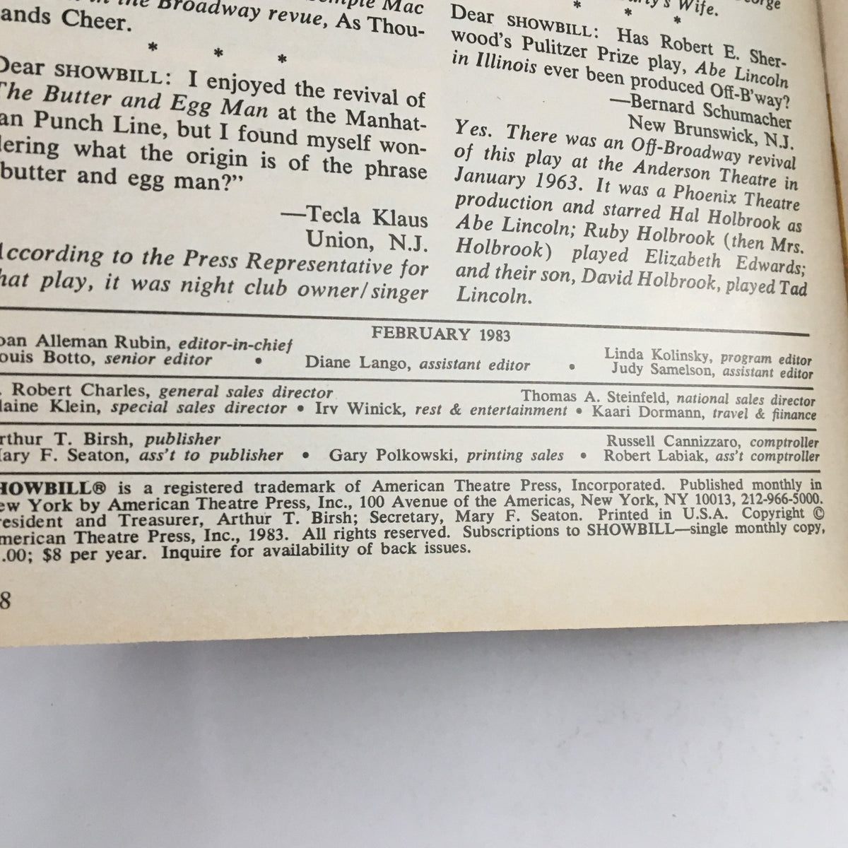 1983 Showbill for Quartermaine's Terms, including editorial insights from the February edition, showcasing the cultural significance of theatrical productions.