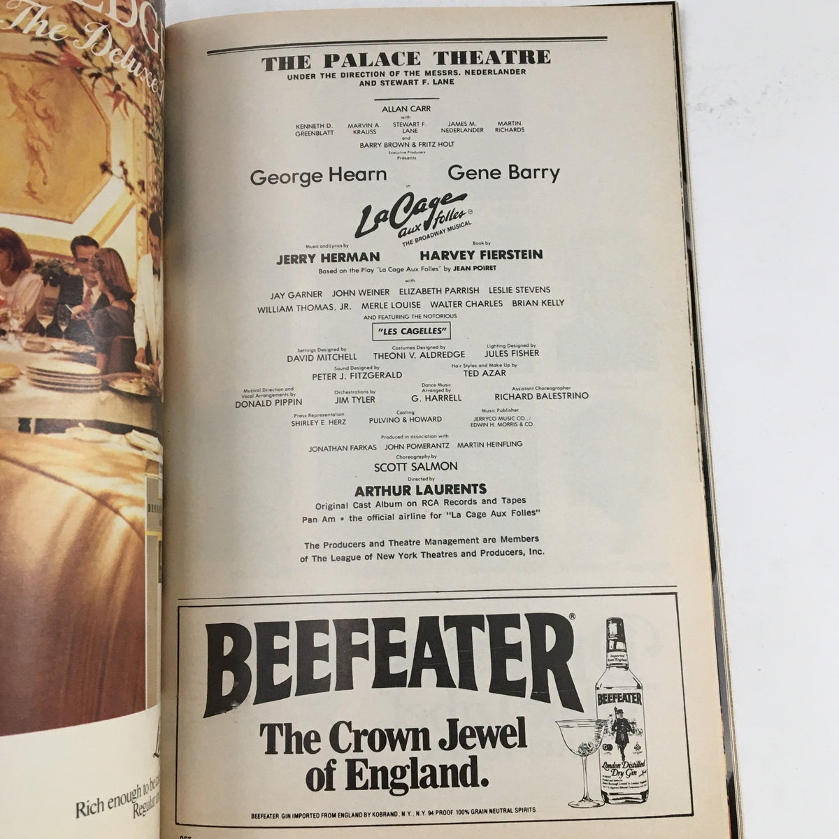 Interior of the 1983 Playbill for La Cage Aux Folles highlighting cast and production details at The Palace Theatre.