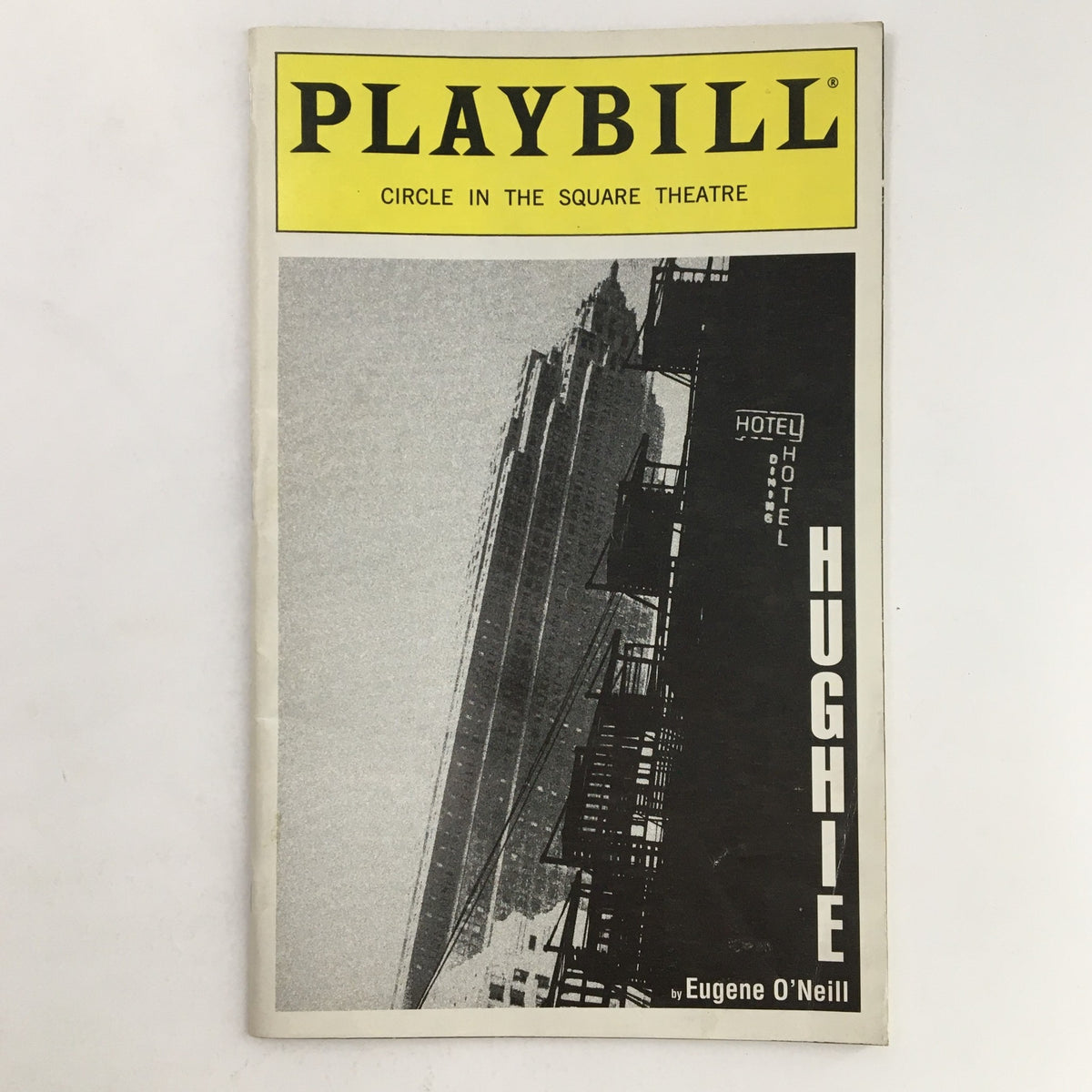 1996 Playbill for Circle In The Square Theatre presenting Al Pacino in 'Hughie', featuring a black and white cover image of the hotel, showcasing classic theatrical design.