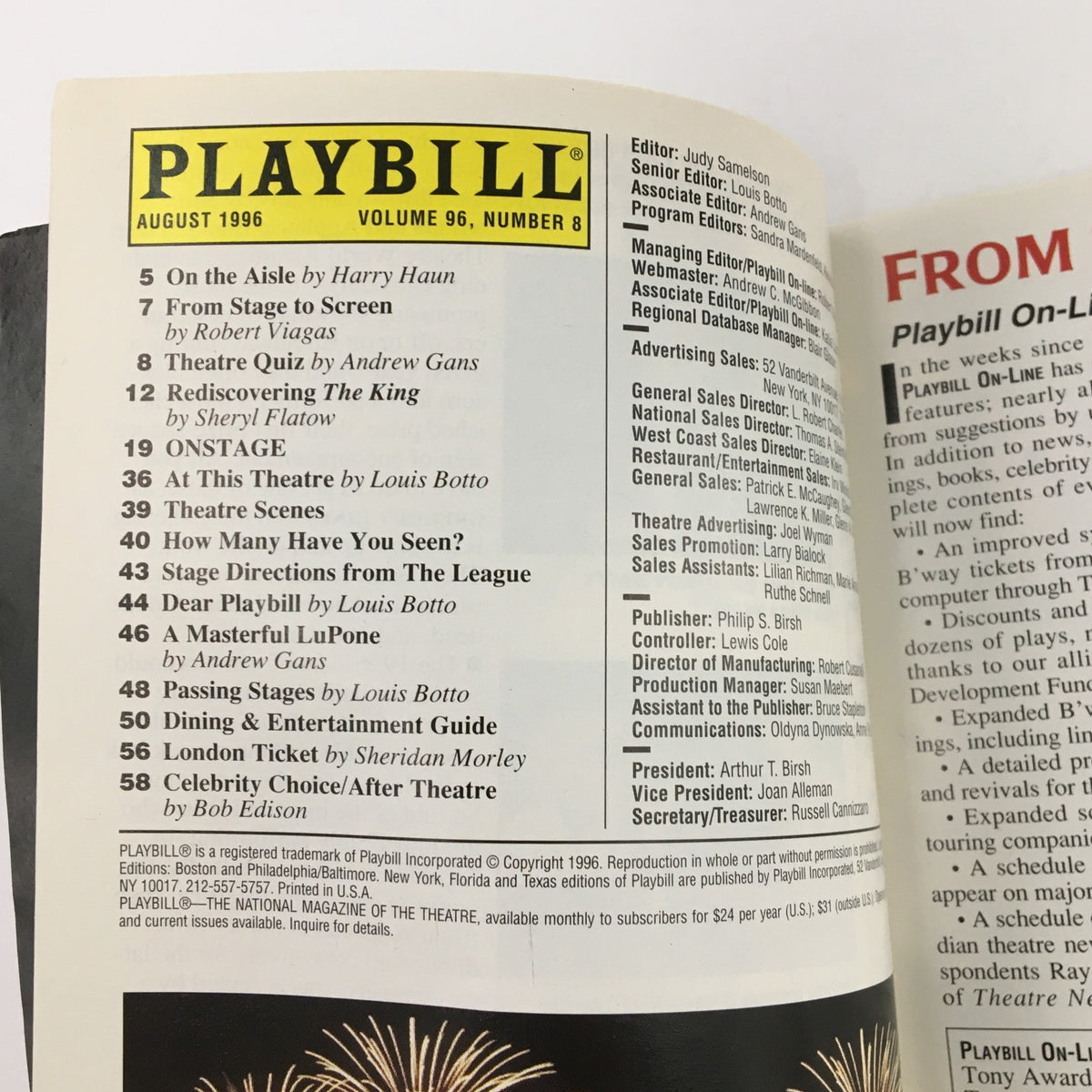Inside page of the 1996 Playbill for 'Hughie' starring Al Pacino, listing articles and details from August 1996 issue, formatted for theatre enthusiasts.