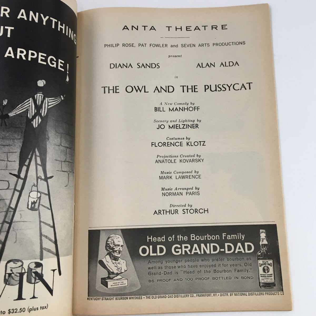 Inside page of the 1964 Playbill Anta Theatre for The Owl and The Pussycat, featuring cast details and production credits.