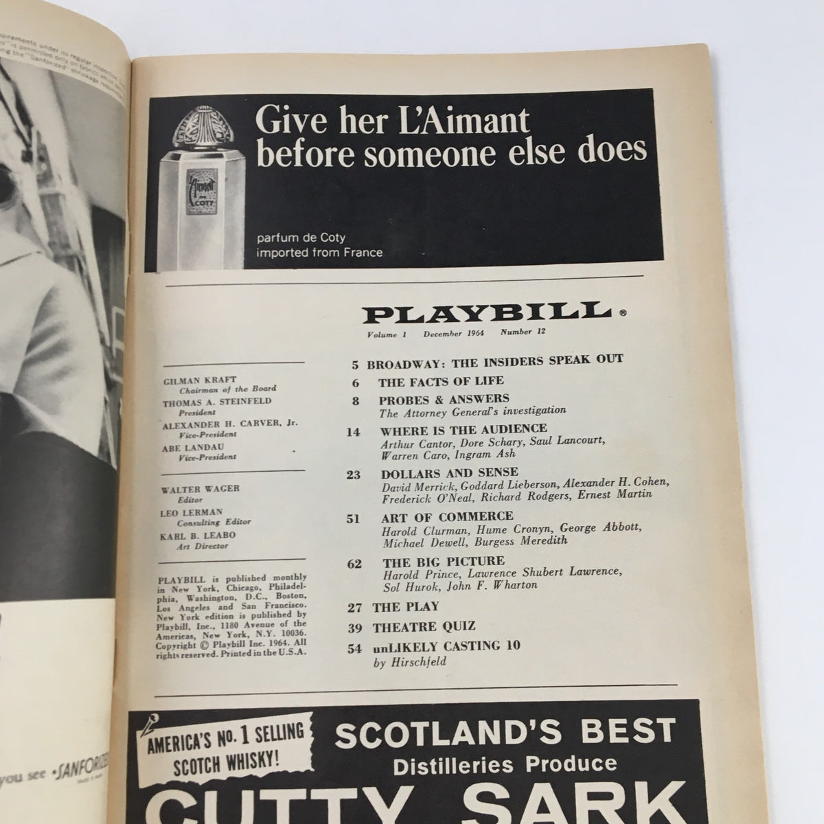 Another inside page of the 1964 Playbill Anta Theatre for The Owl and The Pussycat, displaying advertisement and theater contents.