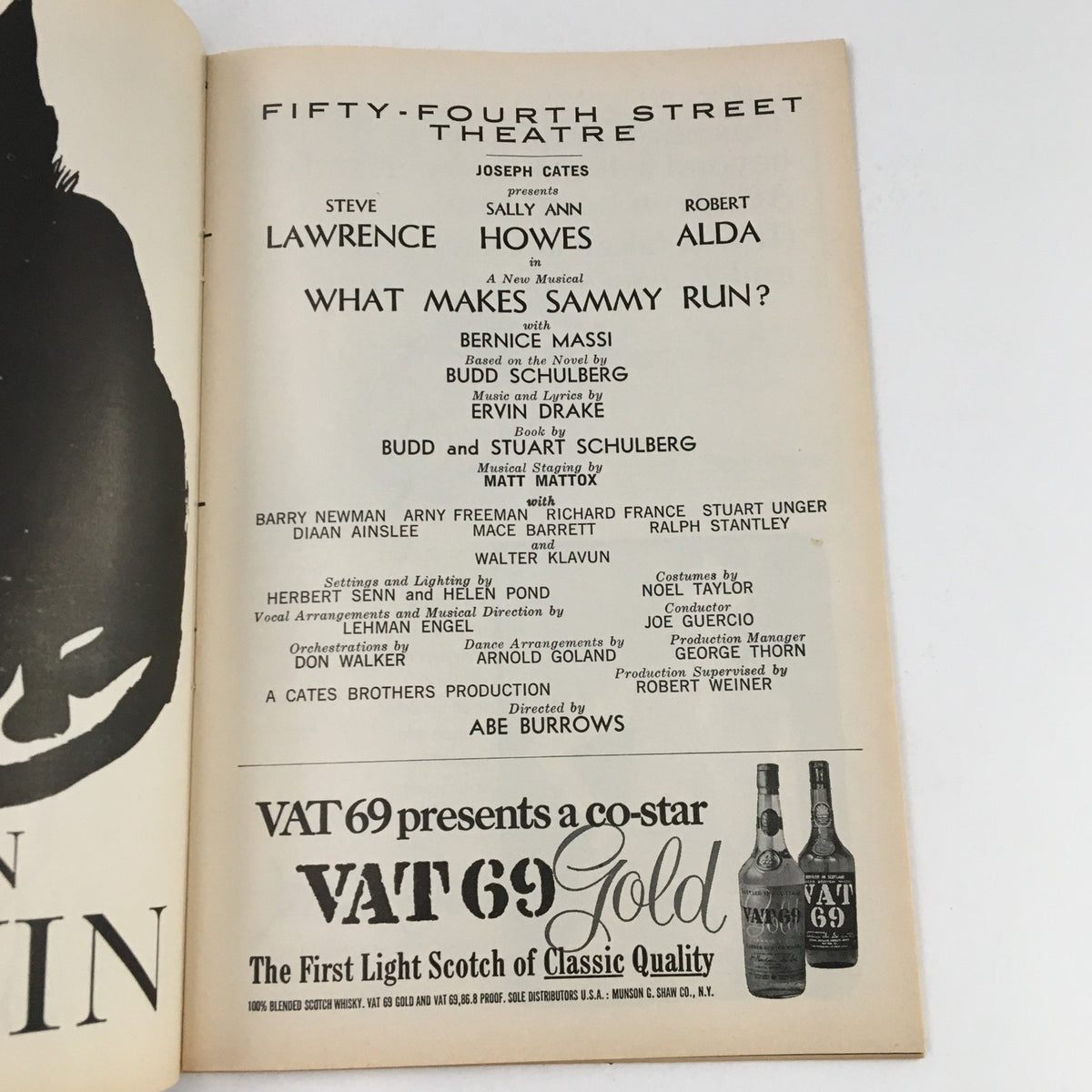 Interior page of the 1965 Playbill for Joseph Cates' What Makes Sammy Run? featuring the cast and crew list at the Fifty-Fourth Street Theatre.