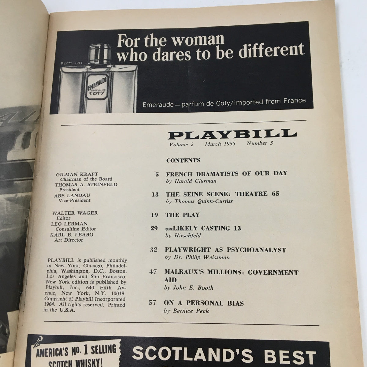 Another interior page of the 1965 Playbill for Joseph Cates' What Makes Sammy Run? displaying an advertisement and contents list.