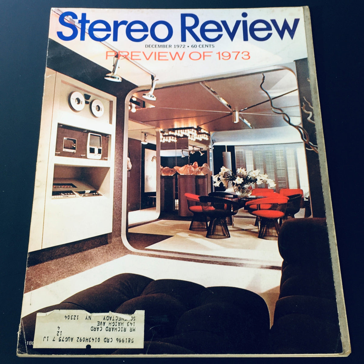Cover of VTG Stereo Review Magazine December 1972 - Preview Of The Year 1973 featuring a stylish interior with red chairs and vintage audio equipment.