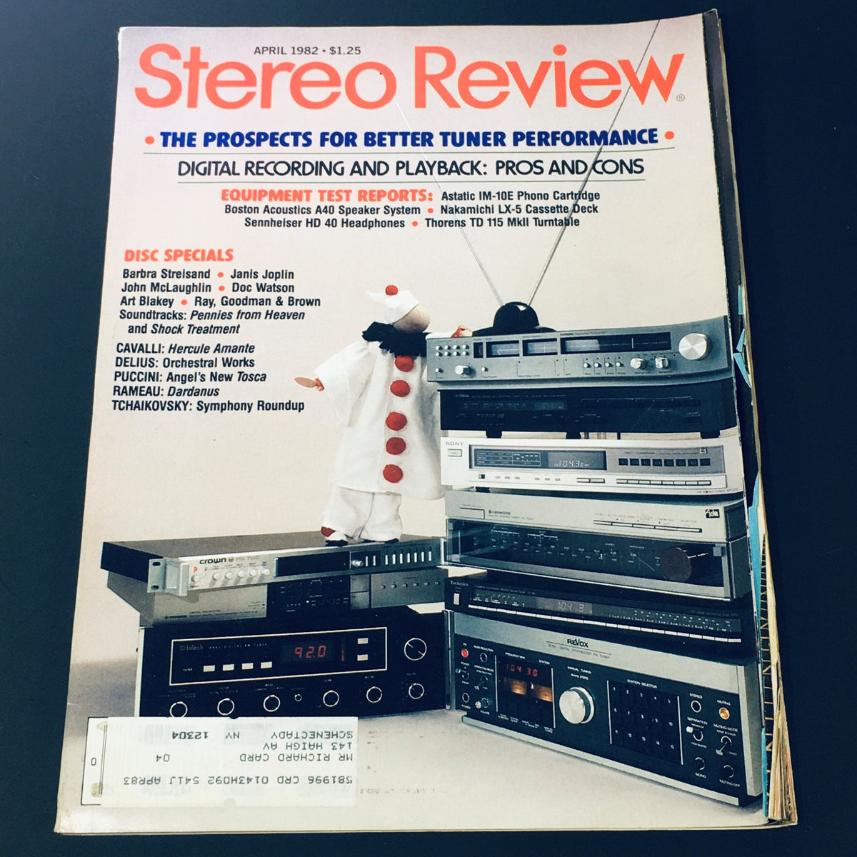 Vintage Stereo Review Magazine April 1982 cover featuring articles on Barbara Streisand and Janis Joplin