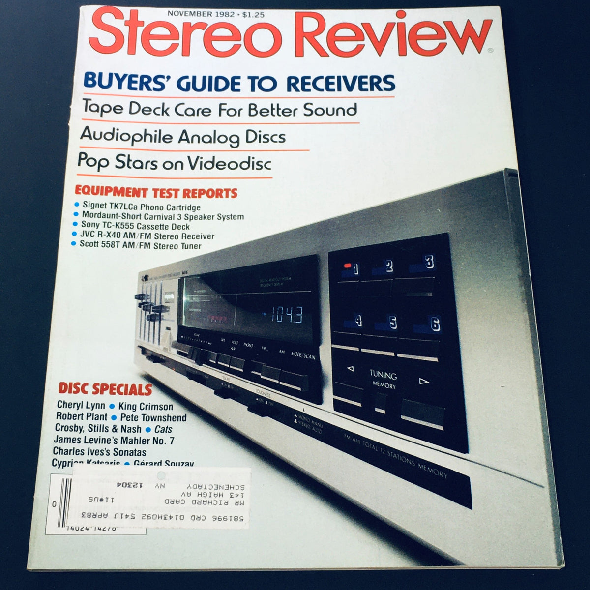 Cover of VTG Stereo Review Magazine from November 1982 featuring articles about Cheryl Lynn, King Crimson, and the musical 'Cats'. The cover includes a buyer's guide to audio receivers and advertisement for audiophile equipment.