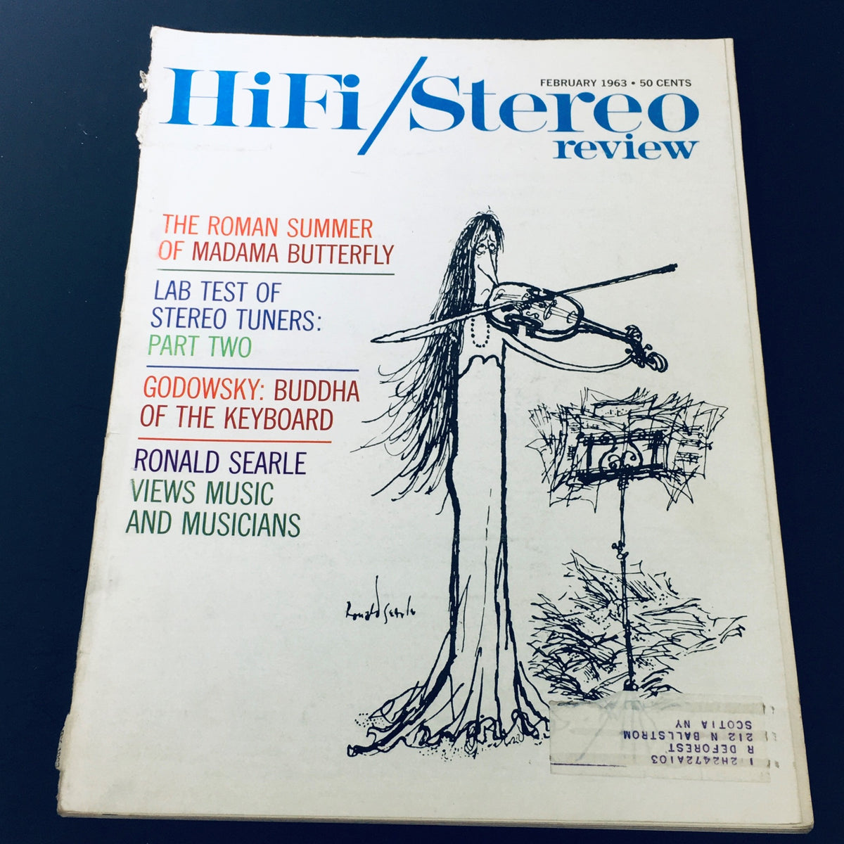 Cover of VTG HiFi Stereo Review Magazine February 1963 featuring illustrations by Ronald Searle and articles on Leopold Godowsky, showcasing vintage hi-fi audio culture.