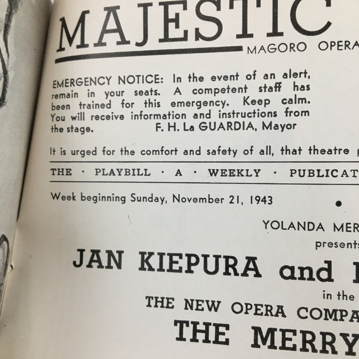 1943 Playbill Majestic Theatre, highlighting Jan Kiepura and Marta Eggert's performance in The Merry Widow, including emergency notices and publication details.
