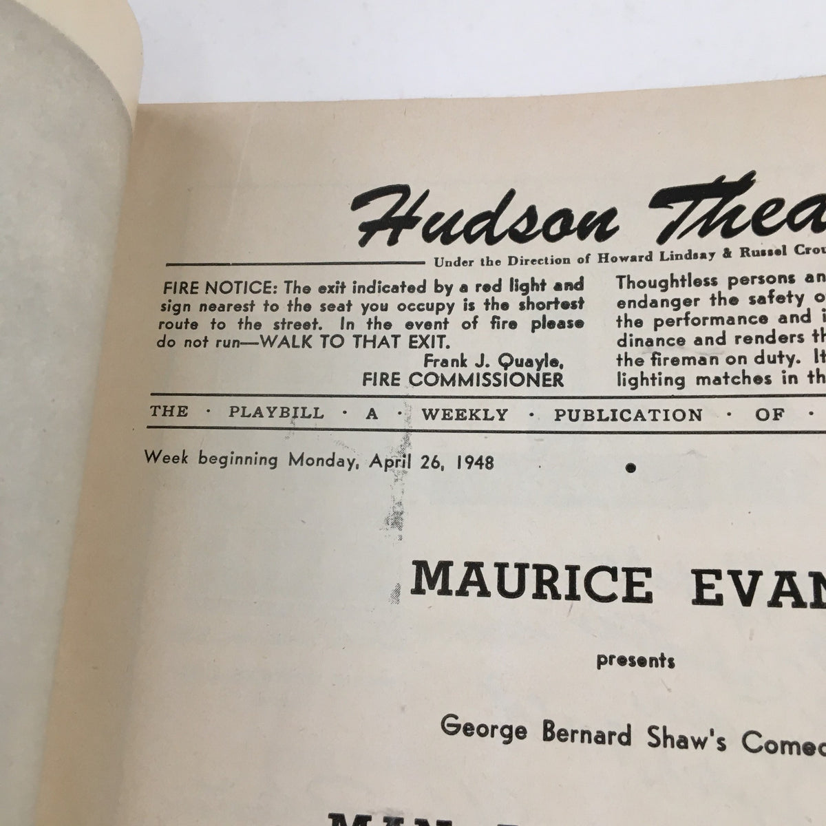 Close-up of the interior section of the 1948 Playbill for 'Man and Superman' at Hudson Theatre, highlighting the cast information and production details.