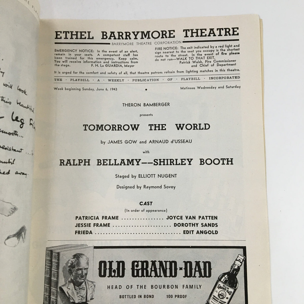 Inside page of the 1943 Playbill for Tomorrow The World by James Gow at the Ethel Barrymore Theatre, featuring cast details and artistic design.
