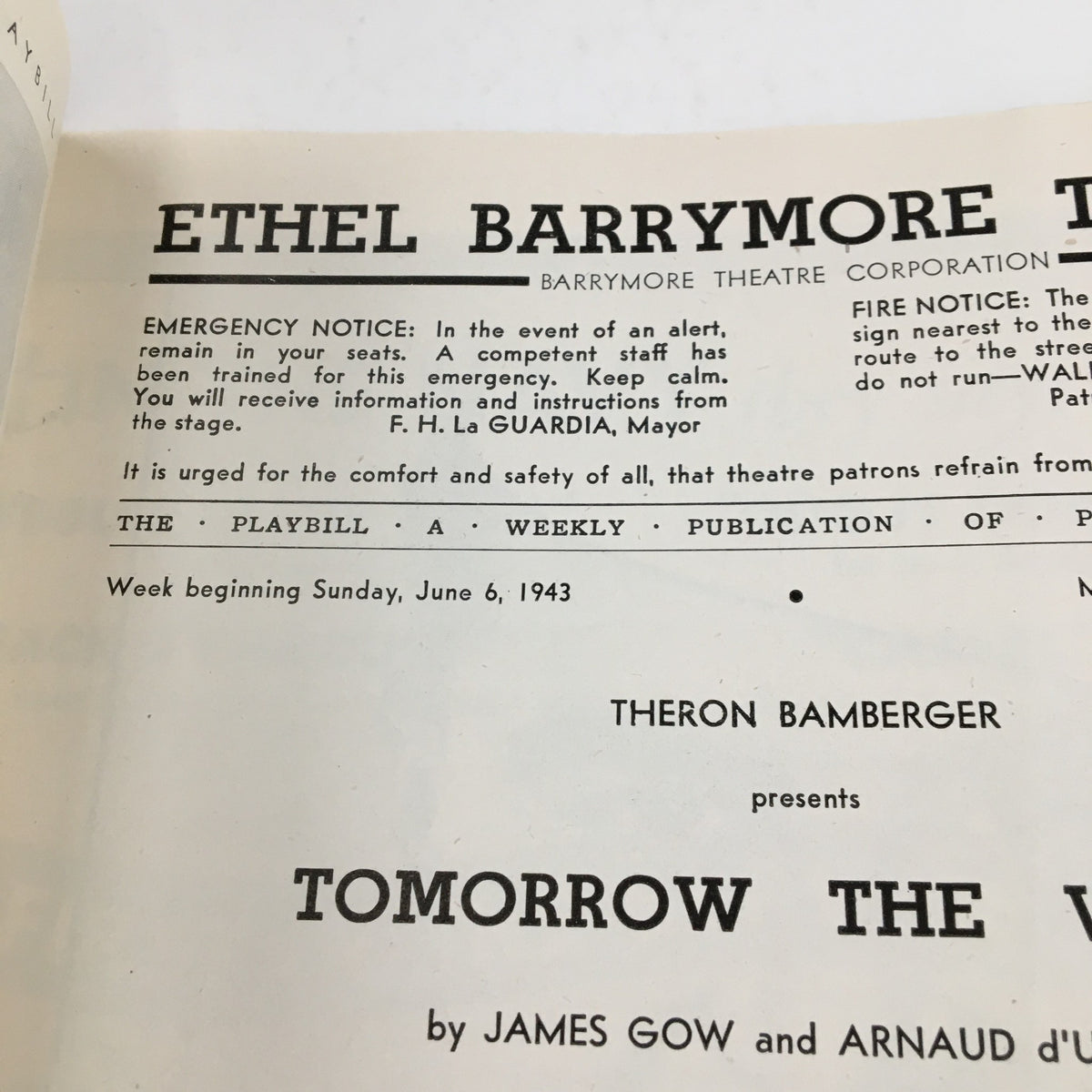 1943 Playbill from Ethel Barrymore Theatre presenting Tomorrow The World by James Gow, featuring emergency notices and details for the week of June 6, 1943.