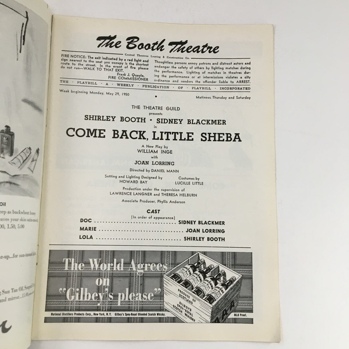Inside page of the 1950 Playbill for The Booth Theatre, detailing the cast and credits for Come Back, Little Sheba.
