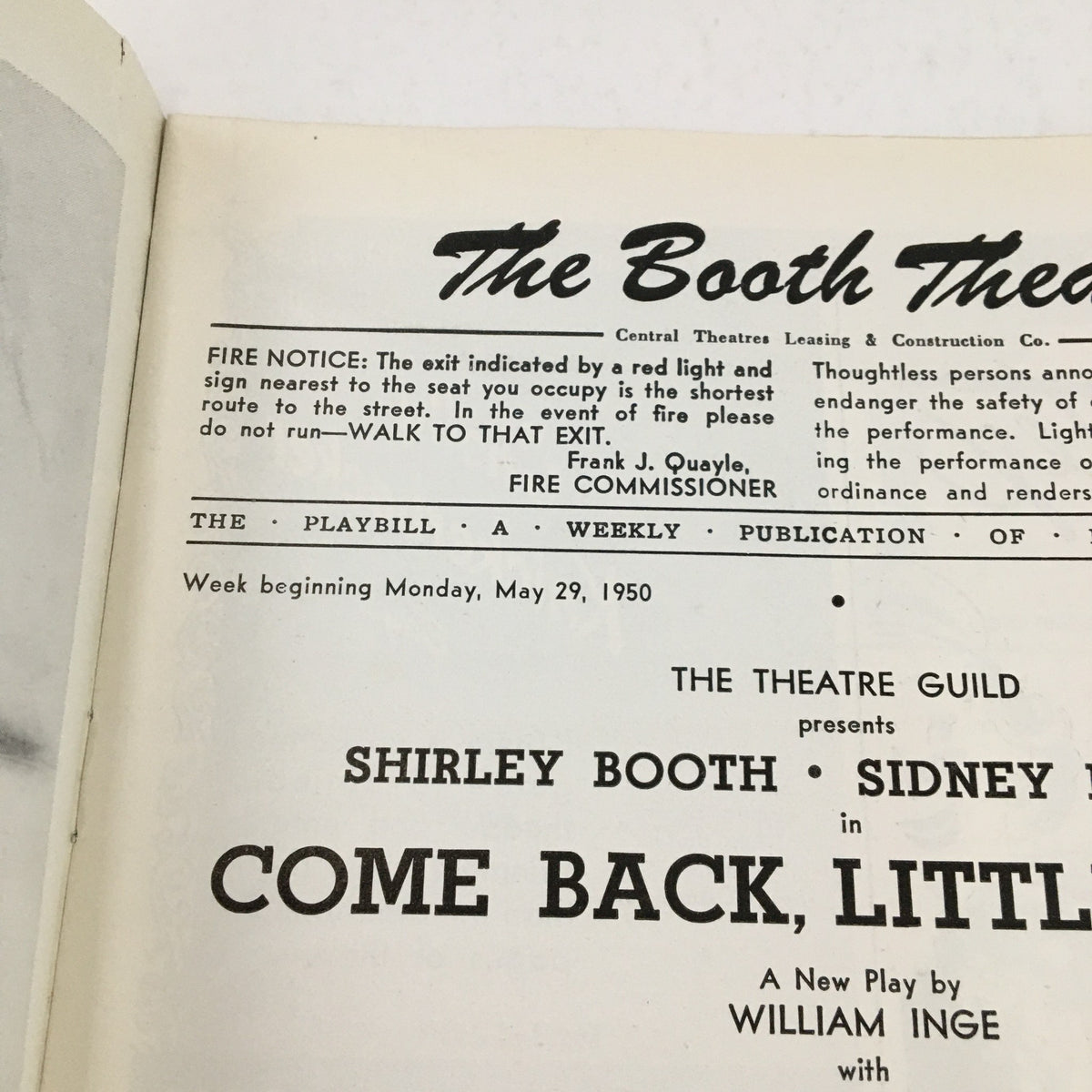 Another view of the inside page from the 1950 Playbill for The Booth Theatre, featuring production details for Come Back, Little Sheba.